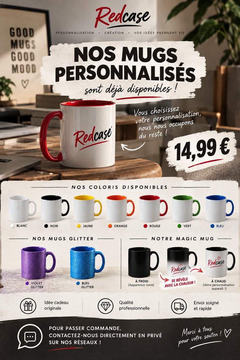 redcaseFR's tweet photo. ☕✨ Les mugs personnalisés Redcase sont disponibles ! ✨☕

Envie d’un mug unique, à votre image ou à offrir ? ❤️
Découvrez nos différents modèles et personnalisez-le selon vos envies !
🎨 Plusieurs couleurs disponibles
✨ Modèles glitter
🪄 Magic Mug

📩 Pour passer commande, contactez-nous directement en message privé !

Nous vous accompagnerons pour choisir votre modèle et votre personnalisation.

🔥 Les premières commandes sont ouvertes dès maintenant !