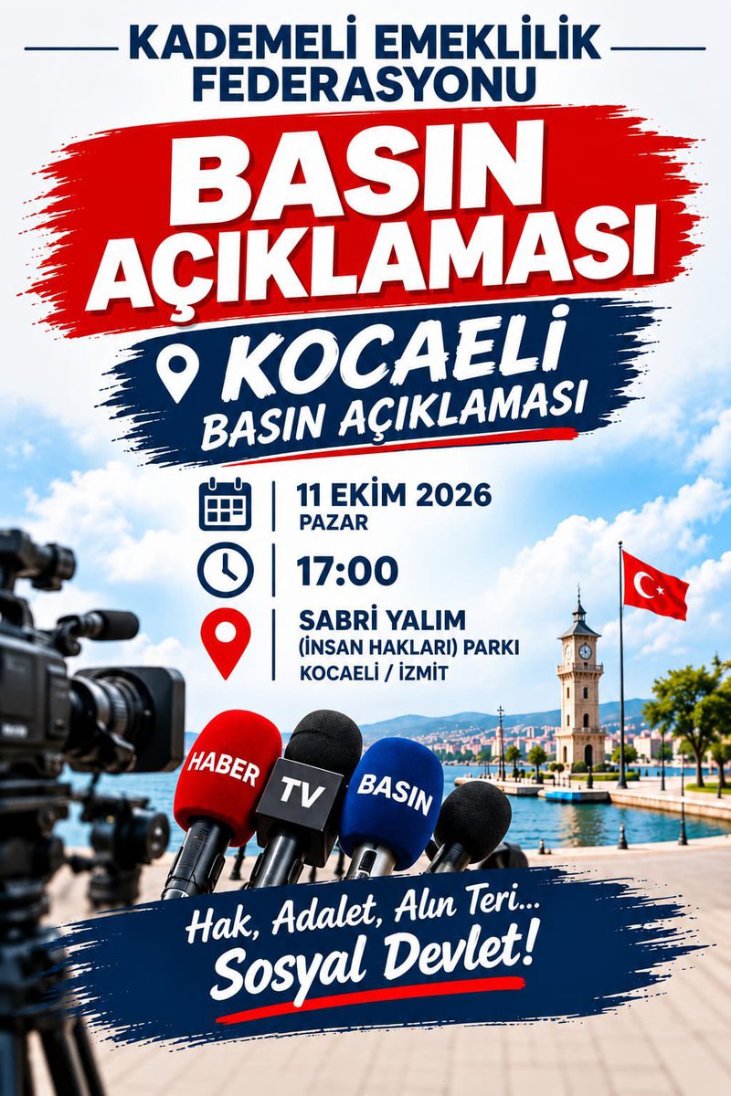 OguzEtt's tweet photo. 📣 KOCAELİ, BULUŞUYORUZ!

11 Ekim Pazar günü saat 17.00’de Sabri Yalım Parkı’ndayız. 

Kademeli emeklilik talebimizi kamuoyuyla paylaşacağımız basın açıklamasına, Kocaeli ve çevre şehirlerden herkesi bekliyoruz.

@KademeFed @EmekDerResmi @ETTDER1999 #KademeHakkımız https://t.co/RJJSR0t6nP