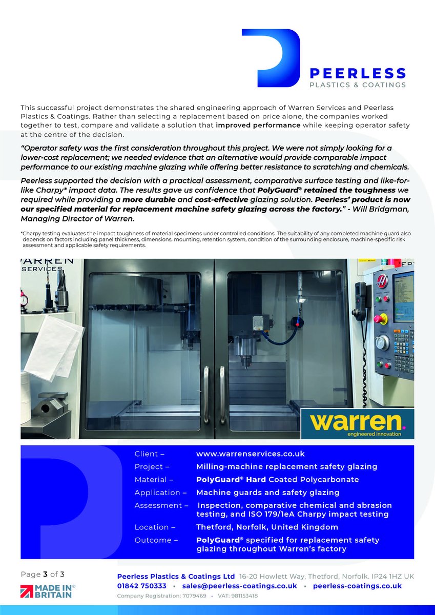 PeerlessPlastic's tweet photo. What happens when machine safety, performance and durability all matter?
You test it. You prove it. And you make the change with confidence.
We’re pleased to share our latest case study, developed in collaboration with @Will Bridgman, MD at Warren Services.
#machineguards https://t.co/R3FGI6Ff4d