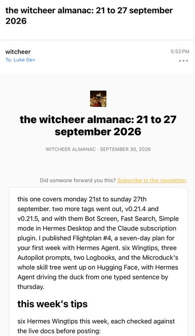 A screenshot of an email newsletter titled 'the witcheer almanac: 21 to 27 september 2026' from sender 'witcheer' to 'Luke Dev', detailing updates on v0.21.4 and v0.21.5 releases.