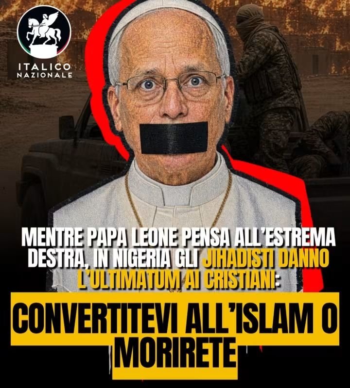 itsmeback_'s tweet photo. Mentre a Roma si discute di “estrema destra non compatibile al cristianesimo”, in Nigeria i cristiani ricevono un’offerta più concreta: convertitevi, o vi ammazziamo.

È la linea di Boko Haram e dell’ISIS in Africa occidentale. Lo hanno scritto loro, sul bollettino Al-Naba: i cristiani nigeriani sono “bersaglio legittimo” e possono “risparmiare il sangue” diventando musulmani o pagando la jizya. 

Villaggi bruciati, chiese rase, ragazze rapite e convertite a forza. Open Doors conta in Nigeria circa sette cristiani uccisi su dieci nel mondo.
È la jihad.

Papa Leone XIV, nel frattempo, mette in guardia l’Europa dal nazionalismo e dalla polarizzazione. 

Il tempo per fare la lezione a chi in Occidente vuole chiudere le frontiere, ma non per denunciare la situazione in Africa dove chi tiene ancora la croce viene messo di fronte a un’alternativa da califfo ovvero Islam oppur la fossa.

Se l’emergenza cristiana in Nigeria vale meno di una frase sull’estrema destra europea, allora è politica. 

E la politica, quando sceglie il nemico sbagliato, lascia i villaggi di chi condivide il tuo credo, a bruciare in pace.

- Italico Nazionale
