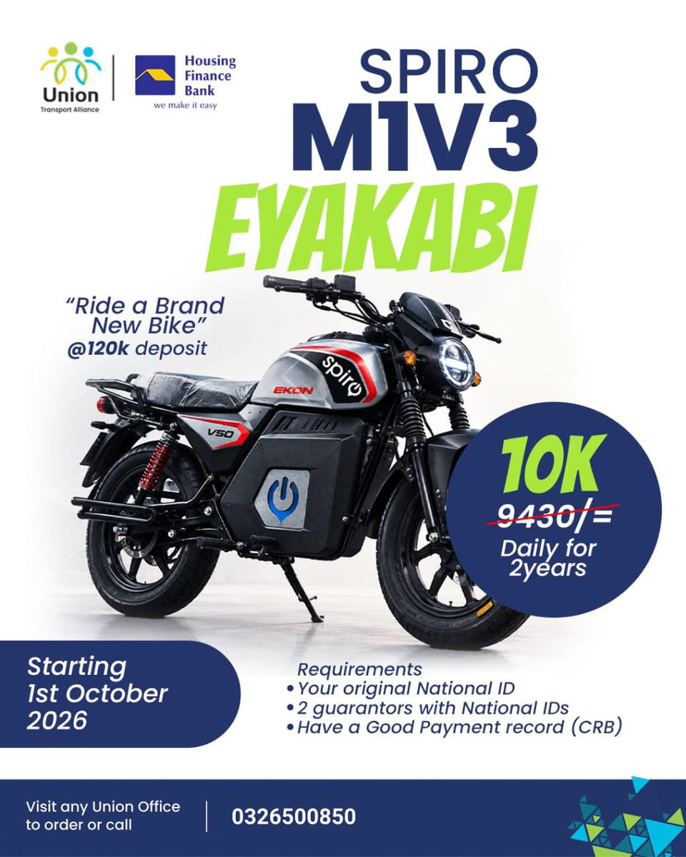 TheUnionUg's tweet photo. Yiiliba ne new Spiro M1V3! 

Own yours with just  120K deposit and easy daily payments of  10K for 2 years.

Requirements are simple! Visit any UNION office to apply or call 0326 500 850.

#SpiroM1V3 #RideSpiro #EasyLoan #BodaLife #HousingFinaceBank https://t.co/MLip43Zf3q