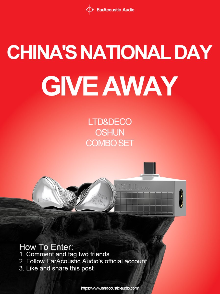 EarAcoustic_CN's tweet photo. CHINA'S NATIONAL DAY GIVEAWAY 🎁
Win an OSHUN-LTD + OSHUN DECO combo set! 🎧✨
How to enter:
1️⃣ Follow @EarAcoustic_CN 
2️⃣ Like + repost this post
3️⃣ Comment & tag 2 friends
One entry per person; multiple accounts are ineligible.
🏆 Winner announced Oct 15, 2026. Good luck!
#EarAcousticAudio #GiveawayAlert