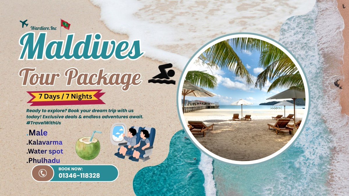 amalmaddi6's tweet photo. 🏝️ Maldives Tour Package – 7 Days / 7 Nights! 🌊✈️

🏖️ Male
🌊 Kalavarma
🤿 Water Spot
🌴 Phulhadhu
☀️ Beach &amp; Island Adventure
🍹 Relax • Explore • Enjoy

📞 Book Now: 01346-118328
✨ Your dream Maldives getaway starts here!
#Maldives #MaldivesTour #MaldivesTravel #Maldives https://t.co/rKUVFwD56t