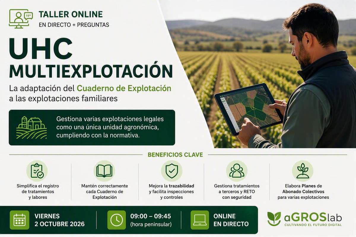 aGROSLabCE's tweet photo. 📢 Taller online sobre UHC Multiexplotación
Sesión práctica:
 ✅ Menos carga operativa
 ✅ Mayor trazabilidad 
 ✅ Registro desde web y móvil
 ✅ Gestión de RETO
 ✅ Planes de abonado colectivos
📅 2 oct. | 09:00–09:45
🔗Inscripción:https://t.co/d6kumu9kFQ
#aGROSlab #agricultura https://t.co/14CAlDkWJT