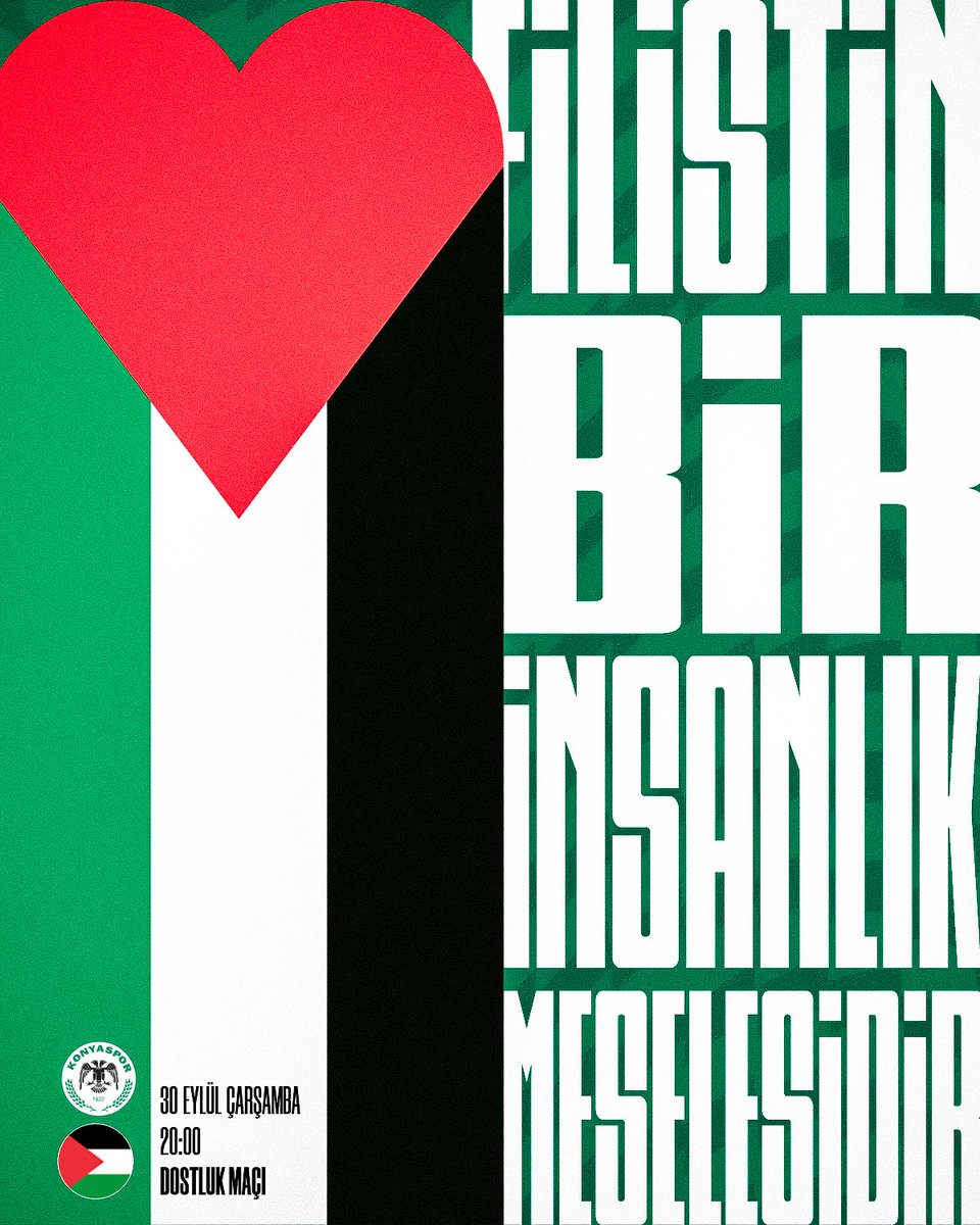 konyaspor's tweet photo. "Filistin bir insanlık meselesidir."

🇹🇷𝗔𝗬𝗡𝗜 𝗧𝗔𝗥𝗔𝗙𝗧𝗔𝗥𝗜𝗭.🇹🇷
🇵🇸𝗔𝗬𝗡𝗜 𝗧𝗔𝗥𝗔𝗙𝗧𝗔𝗬𝗜𝗭.🇵🇸

🤝 Filistin Milli Takımı
🏟️ MEDAŞ Konya Büyükşehir Stadyumu
🗓️ 30 Eylül Çarşamba 🕘 20.00
🎟️ Ücretsiz https://t.co/AIKM5LeL16