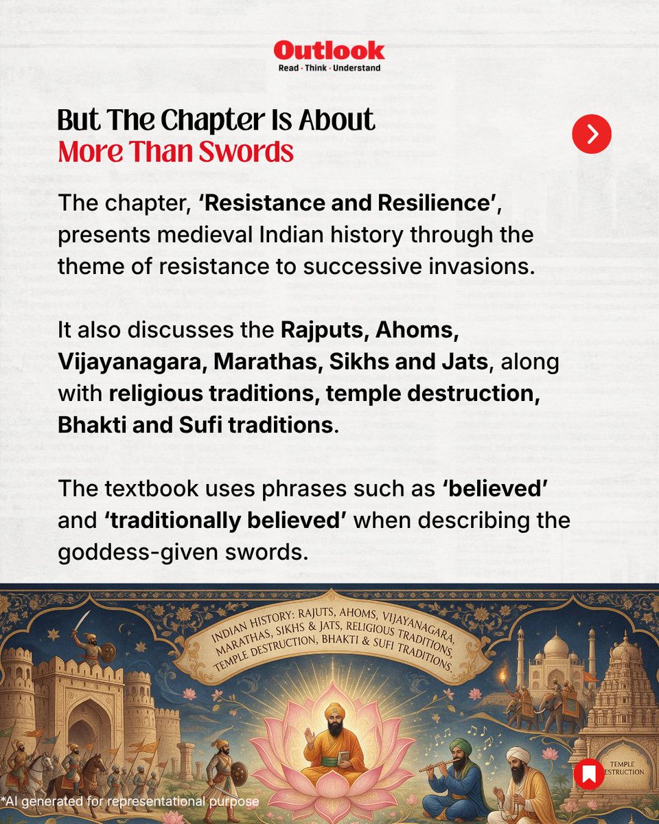 Outlookindia's tweet photo. [NCERT Class 9 textbook, medieval Indian history, goddess-given swords, Resistance and Resilience, NCERT history]

#NCERT #IndianHistory #Education #Class9 #OutlookIndia https://t.co/rrxFUhAJj4