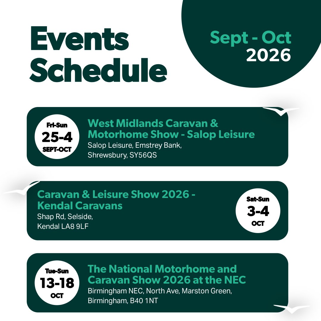 swiftgroup's tweet photo. There’s still plenty to look forward to on the Swift events calendar this autumn. 

From an extended show at Salop Leisure and a weekend in the Lake District to the biggest date in the October calendar at the NEC, there are more opportunities to get up close with the latest Swift caravans, motorhomes and campervans.

📍 West Midlands Caravan & Motorhome Show – Salop Leisure | 25 September–4 October | Shrewsbury
With ten days to visit, head to Salop Leisure to explore the latest Swift touring caravans and motorhomes, compare layouts and start planning your next adventure.

📍 Caravan & Leisure Show 2026 – Kendal Caravans | 3–4 October | Kendal
Make a weekend of it in the Lake District and discover the latest leisure vehicles at Kendal Caravans, with plenty of inspiration for your 2027 touring plans.

📍 The National Motorhome and Caravan Show 2026 | 13–18 October | Birmingham NEC
The big one! Join us at the NEC for six days dedicated to all things touring and discover the Swift 2027 range in person. Step inside the latest caravans, motorhomes and campervans, explore new layouts and features, and chat with the Swift team about finding the right model for your adventures.

Tickets here 👉 https://t.co/a2Me27bUgS

Three more dates for the diary. Which one will we see you at? 👋

#SwiftGroup #Swift2027 #Caravans #Motorhomes #Campervans #Touring #NEC2026