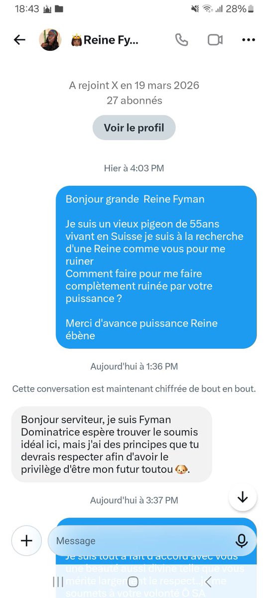 ReineFyman's tweet photo. Je vous présente mon premier Fake 2026 : 

SIGNALEZ EN MASSE 

X : @reinefyman18 
TELEGRAM: @Reinefyman18

Après l’avoir bien humilié sur TELEGRAM il y a quelques mois dans l’espoir d’encaisser quelques €€€ il a repris service malgré qu’il m’ait bloqué j’ai été informé dès la publication de la première photo 

Il s’est fait passer pour moi je me suis faite passer pour un vieux SUISSE riche pour lui jouer le tour du diable 🤣 Croyez moi il est tombé dans le panneau comme un idiot 

Je l’ai attirée sur télégram j ai obtenu un vocal avec une voix de femme derrière si c’est n’est vraiment pas une femme derrière c’est que c’est fait en bande organisée . Parce que la voix en clair comme du lait 

Mais je suis curieuse et veut mettre la main sur cette personne si vous savez les démarches que je doit entamer venez me le dire en privé j’ai puis récolter plus de preuves 

J’ai fais toute ma carrière j’ai jamais eu de fake et je n’accepte pas qu’on se fasse passer pour moi pour arnaquer d’autrui