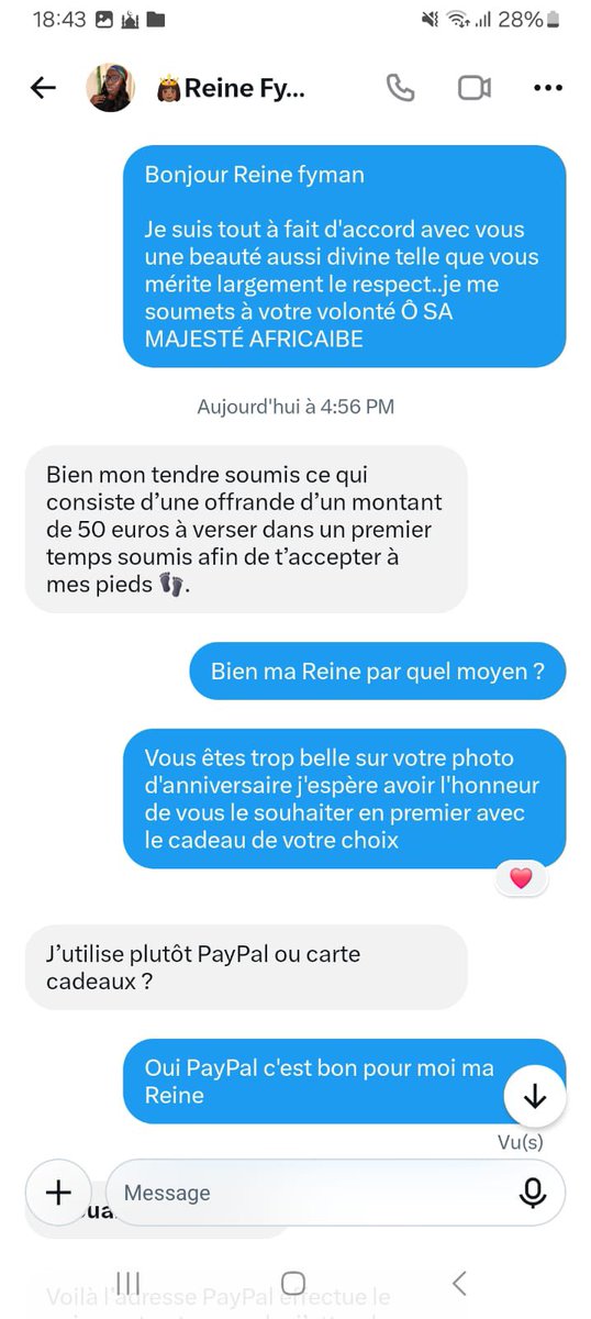ReineFyman's tweet photo. Je vous présente mon premier Fake 2026 : 

SIGNALEZ EN MASSE 

X : @reinefyman18 
TELEGRAM: @Reinefyman18

Après l’avoir bien humilié sur TELEGRAM il y a quelques mois dans l’espoir d’encaisser quelques €€€ il a repris service malgré qu’il m’ait bloqué j’ai été informé dès la publication de la première photo 

Il s’est fait passer pour moi je me suis faite passer pour un vieux SUISSE riche pour lui jouer le tour du diable 🤣 Croyez moi il est tombé dans le panneau comme un idiot 

Je l’ai attirée sur télégram j ai obtenu un vocal avec une voix de femme derrière si c’est n’est vraiment pas une femme derrière c’est que c’est fait en bande organisée . Parce que la voix en clair comme du lait 

Mais je suis curieuse et veut mettre la main sur cette personne si vous savez les démarches que je doit entamer venez me le dire en privé j’ai puis récolter plus de preuves 

J’ai fais toute ma carrière j’ai jamais eu de fake et je n’accepte pas qu’on se fasse passer pour moi pour arnaquer d’autrui