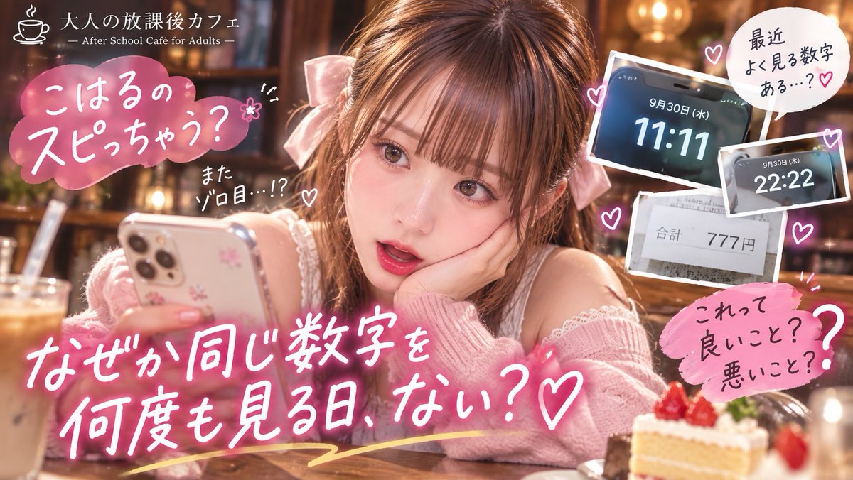 houkago_cafe's tweet photo. 最近ゾロ目ばっかり見る…これって良いこと？悪いこと？👀

実はスピ界では良いサインとして捉えることが多いんだって‼️

時計などで偶然見るゾロ目は、占いやスピリチュアルの世界で「エンジェルナンバー」と呼ばれ、幸運の前触れや良いメッセージとして受け取られます https://t.co/XVLNVZqVmz