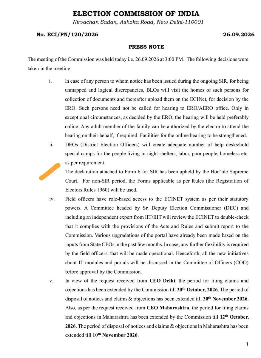 rishibagree's tweet photo. Old news :

1. There has been no change in Form 6, whether during SIR or in the non-SIR period.

2. The Declaration Form was an additional document that was asked for in states/UTs where SIR was conducted. 

3. As per the press note of the Commission released on 26 Sept 2026, for all states/UTs where SIR has been completed, there shall be no requirement for the Declaration Form.