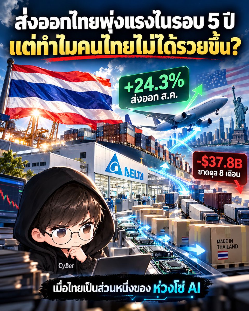 Cyber__trader's tweet photo. ส่งออกไทยเดือน ส.ค. พุ่ง 24.3% แรงสุดในรอบ 56 เดือน เกิดอะไรขึ้น?🔥

8 เดือนแรกของปีนี้ ไทยขาดดุลการค้าไปแล้ว $37.8B แต่ส่งออกโตขนาดนี้ ทำไมเงินยังไหลออก? มาดูกันครับ

เริ่มจากตัวเลขจากกระทรวงพาณิชย์ เดือน ส.ค. ไทยส่งออกได้ $34.6B ตัวที่ดันขึ้นมาคือ Electronics ที่เกี่ยวกับ AI ล้วนๆ ทั้ง Printed circuits โต 126.8%, โทรศัพท์และอุปกรณ์ 151.2%, Computers และชิ้นส่วน 42.1% ตลาดที่ซื้อเยอะที่สุดคือ US โตถึง 48.7%

ฟังดูดีมากครับ จนมาดูอีกฝั่ง คือการนำเข้าช่วง 8 เดือนโต 36.1% เกือบเท่าตัวของการส่งออกที่โต 18.9% 

ภาพที่เกิดขึ้นจริงคือ ไทยกำลังเป็น "โรงประกอบ" ของห่วงโซ่ AI (นับเป็นเรื่องดี)

ซึ่งส่วนที่นำเข้าหลักจะเป็น Circuit boards, Machinery, อุปกรณ์ Telecom จากจีน จนขาดดุลกับจีน $62.7B

นำมาประกอบในโรงงานที่ไทย ซึ่งส่วนใหญ่เป็นทุนต่างชาติ
ส่งออกไป US จนเกินดุลกับ US $45.5B

ตัวเลขส่งออกเลยใหญ่มาก แต่ส่วนที่เป็น Value added ที่เหลือติดอยู่ในประเทศจริงๆ บางกว่าที่หัวข่าวบอกเยอะ 🤦‍♂️ 

นี่คือเหตุผลที่ส่งออกโตสองหลัก แต่ GDP ไทยทั้งปียังถูกคาดว่าโตแค่ราว 2% เพราะไทยซื้อของนำเข้าเยอะพอกันนั่นเอง

แต่ก็ไม่ได้แปลว่าเป็นข่าวร้ายทั้งหมดนะครับ 

ข้อดีที่เห็นจริงๆ คือ เม็ดเงินลงทุนที่ยื่นขอ BOI ครึ่งปีแรกพุ่ง 37% เป็น $43.6B สร้างงาน สร้างฐานอุตสาหกรรม และมีรายงานว่าผู้ผลิต HDD อย่าง Western Digital กับ Seagate ขายกำลังผลิตทั้งปี 2026 ล่วงหน้าไปหมดแล้ว แปลว่า Demand ไม่ได้มาแค่วูบเดียว แต่จะไหลเข้าเรื่อยๆ 

ความเสี่ยงที่ต้องจับตา ผมเห็นมี 3 เรื่องครับ

1. Concentration risk การส่งออกที่กระจุกตัว

ส่งออกไป US คิดเป็นราว 1 ใน 4 ของทั้งหมด ถ้านโยบายภาษีเปลี่ยน กระทบทันที

2. ตัวเลขผูกกับรอบ AI Capex 

ถ้า Big Tech ชะลอการลงทุน ออเดอร์หายทั้งห่วงโซ่ ตัวเลขอาจลดลงได้

3. เราเป็นแค่ทางผ่าน

ถ้าคนไทยเป็นแค่ทางผ่านของชิ้นส่วน ความมั่งคั่งจะไปไม่ถึงกระเป๋าคนทั่วไป แต่มีแค่นายทุนและธุรกิจไม่กี่คนที่ได้ประโยชน์

สำหรับนักลงทุน หุ้นกลุ่ม Electronics ในตลาดไทยอย่าง DELTA, HANA, KCE ได้อานิสงส์ตรงจากกระแสนี้ แต่ก็ผูกชะตากับรอบ AI แบบเต็มๆ เหมือนกัน 

ในฐานะที่ปรึกษาการเงิน ผมอยากให้อย่าดูแค่ตัวเลขพาดหัว ให้ดูว่าเงินไหลไปอยู่ในกระเป๋าใครด้วยครับ

”ส่งออกโต ≠ คนไทยรวยขึ้นเสมอไป“ นี่คือความจริงที่เจ็บปวดสำหรับหลายๆ คน

แล้วเพื่อนๆ คิดว่าสิ่งนี้จะช่วยให้หุ้นไทยกลับมาคึกคักไหมครับ? คอมเม้นบอกกันได้นะครับ 👇

ถ้าชอบโพสแบบนี้ ฝากกดติดตามด้วยนะครับ

#เศรษฐกิจไทย #หุ้น #ลงทุน #AI
