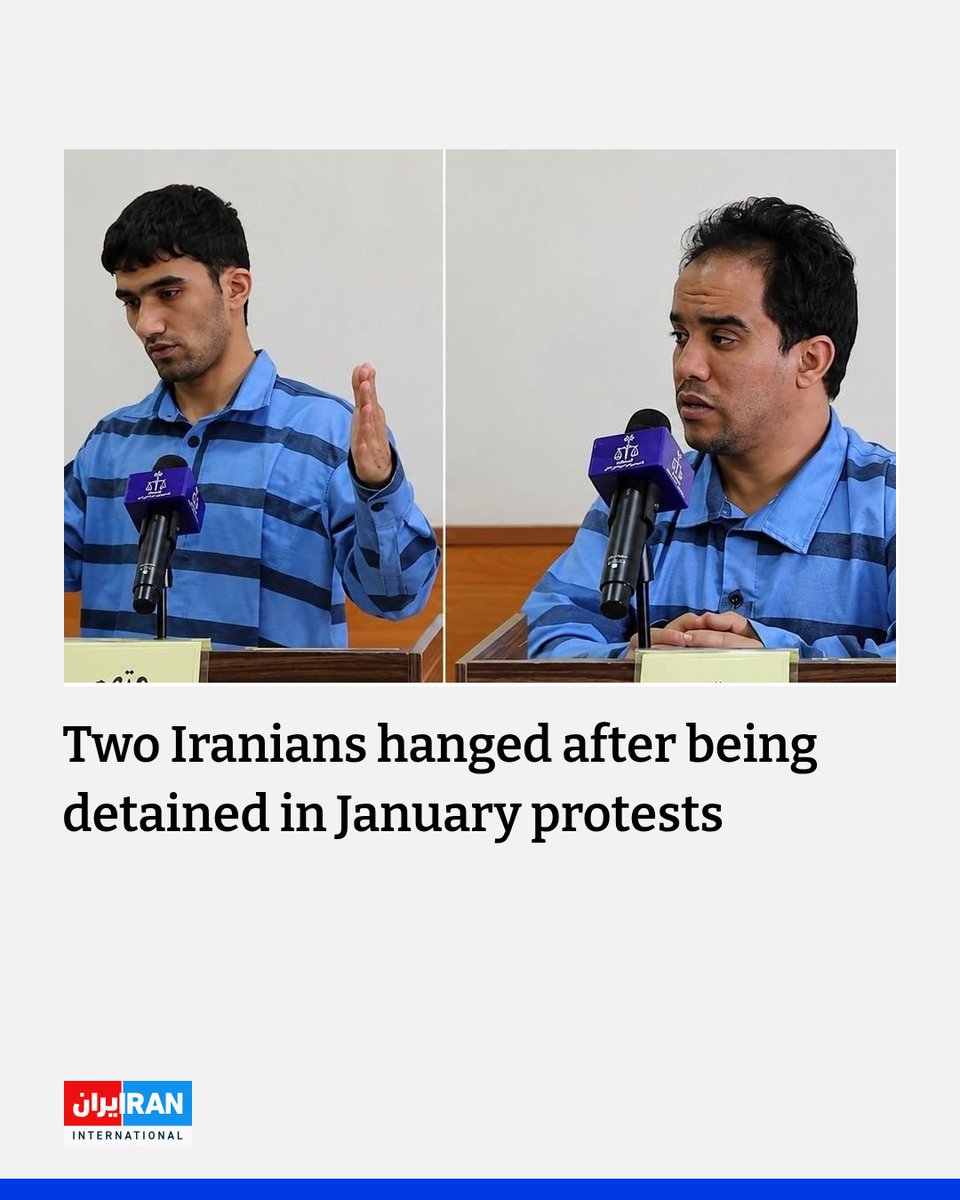 IranIntl_En's tweet photo. Iran executed two men on Wednesday over their participation in January protests in the northeastern city of Mashhad, with the judiciary accusing them of involvement in the deaths of four security personnel.
The judiciary named the men as Ali Hemmati and Majid Nikandish and described them as "field operatives" in what it called a coup attempt.
It said the executions were carried out after the Supreme Court upheld the sentences and judicial procedures were completed.
Sources told Iran International in July that Nikandish faced imminent execution after Branch One of the Mashhad Revolutionary Court sentenced him to death on May 15.
https://t.co/i89REAXFqH