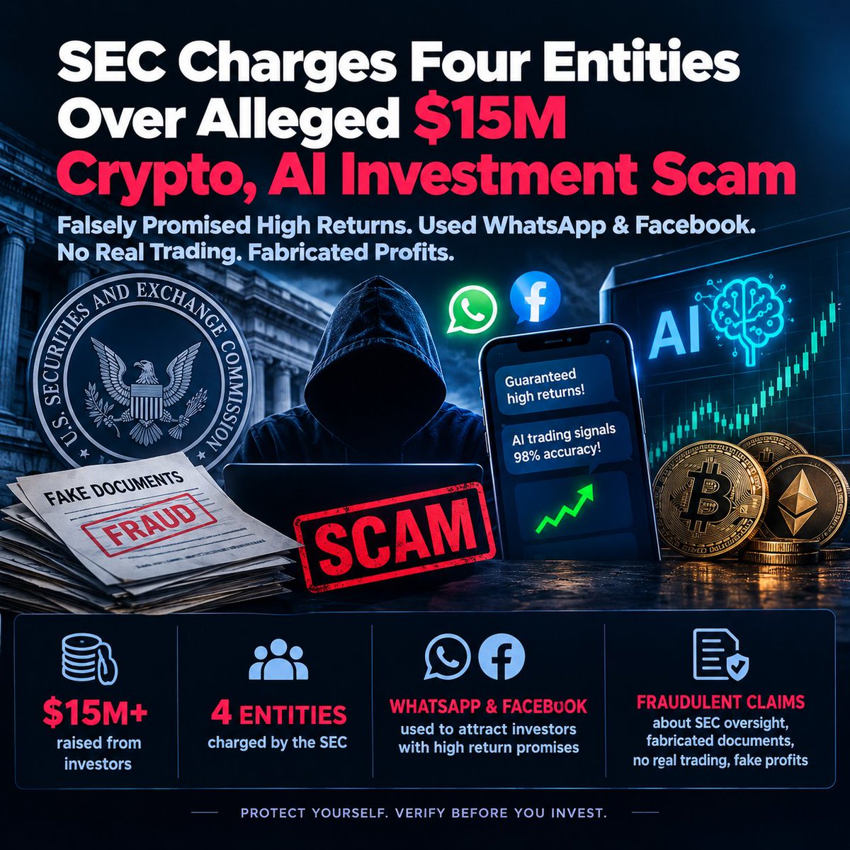 alts_holder's tweet photo. SEC Charges Four Entities Over Alleged $15M Crypto, AI Investment Scam

The U.S. Securities and Exchange Commission charged four entities over two alleged crypto and artificial-intelligence investment scams that raised more than $15 million from investors.

The SEC filed the cases in Manhattan on Sept. 29, alleging that the groups used WhatsApp and Facebook to attract investors with promises of high returns. The agency said the operators falsely claimed their investments were overseen by the SEC and used fabricated documents to appear legitimate.

Cryptoaiml allegedly raised more than $12.5 million from over 300 investors by promoting AI-generated trading signals through WhatsApp. The SEC said the company claimed its signals were 98% accurate, although no actual trading occurred and reported profits were allegedly fabricated.

#alts_holder