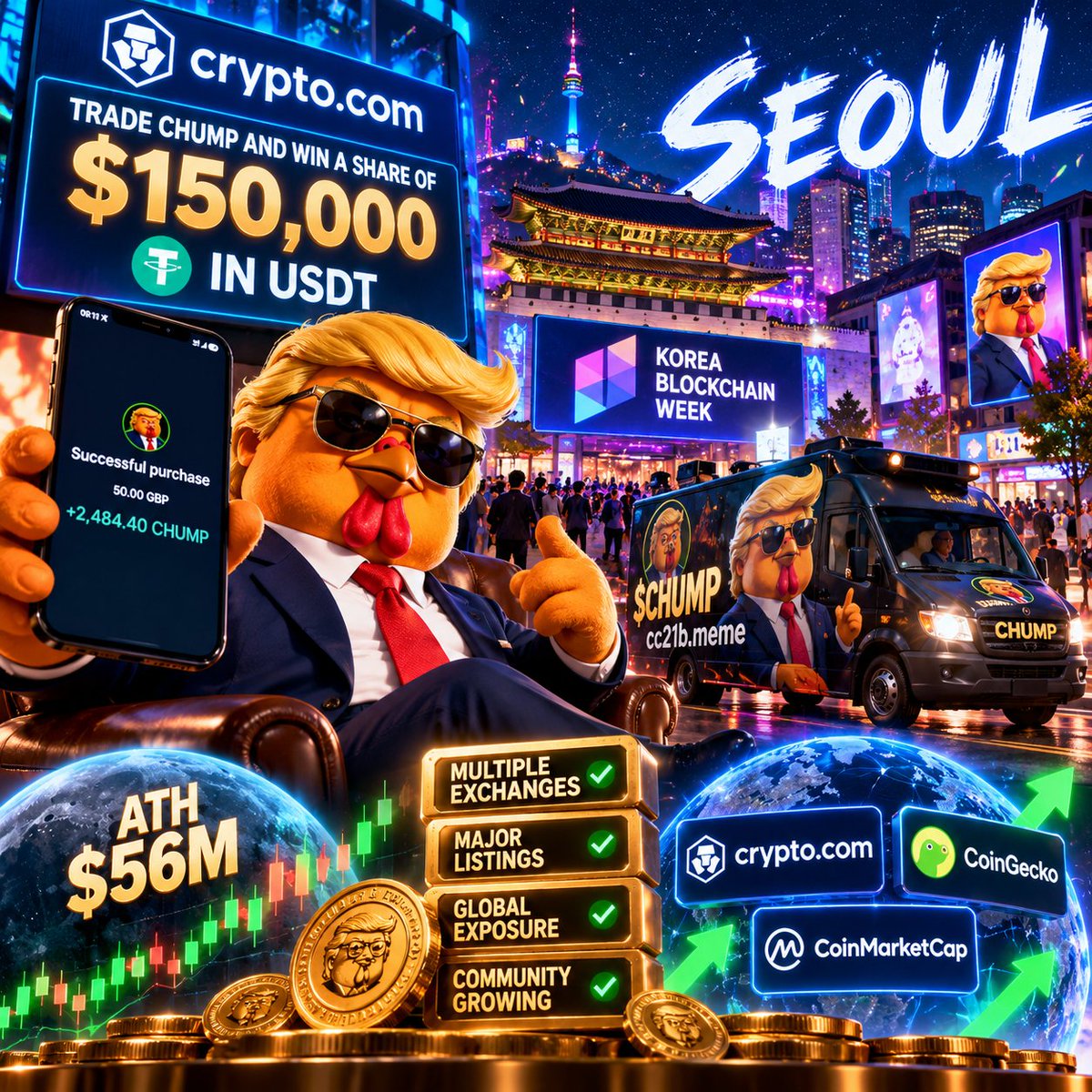 neilclifton78's tweet photo. Honestly, I’ve never seen anything like this.

$CHUMP launched just a few weeks ago and look at what’s happened since.

An ATH around $56M MC. Huge dips, huge recoveries, and it’s continued to hold its ground.

Multiple listings. More exchange exposure. The devs constantly pushing to get CHUMP in front of more people and into more markets.

And now https://t.co/Nu4wQolfDk has launched a competition with a $150,000 USDT prize pool. 🤯

I’m genuinely speechless.

And as if that wasn’t enough, we’re now seeing CHUMP marketing hitting Seoul during Korea Blockchain Week, with the CHUMP van out there putting the brand on the streets.

This isn’t just sitting around waiting for something to happen.

The devs are actually getting out there and making things happen.

From where I’m sitting, watching this unfold from the beginning, it’s bloody incredible.

And the best part?

The community is still here. Still creating. Still pushing. Still believing.

No matter the dips, no matter the noise — we keep building.

$CHUMP
@ChumpCoinX
https://t.co/3f9uqN7azB

Let’s see where this goes. 🐔🔥