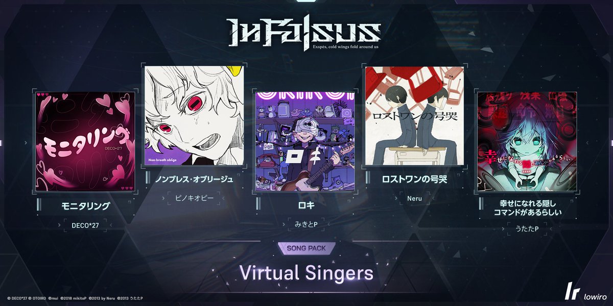 infalsus_jp's tweet photo. 『In Falsus』初の楽曲パック、登場。
仮想より、5つの名曲へ挑戦せよ。
期間限定のバンドル購入で10%オフ。
https://t.co/xmxXiuVqFa
──楽曲パック『Virtual Singers』──

- 【"モニタリング" by DECO*27】
- 【"ノンブレス・オブリージュ" by ピノキオピー】
- 【"ロキ" by みきとP】
- 【"ロストワンの号哭" by Neru】
- 【"幸せになれる隠しコマンドがあるらしい" by うたたP】

#infalsus