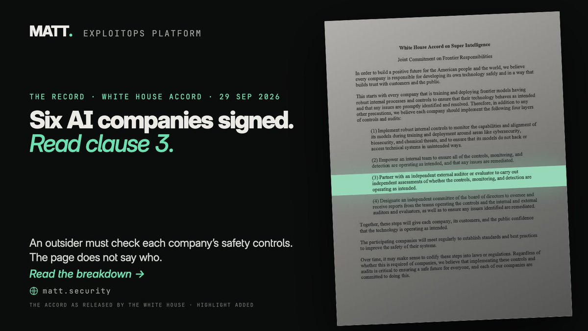 mattsecures's tweet photo. 1/ Google, Anthropic, Meta, OpenAI, xAI and Nvidia signed one page at the White House.

312 words. Four promises.

Promise three: an outsider must check each company's safety controls.

It does not say who. Here is what the White House Accord on Super Intelligence leaves out. https://t.co/RGoSa6RK5N