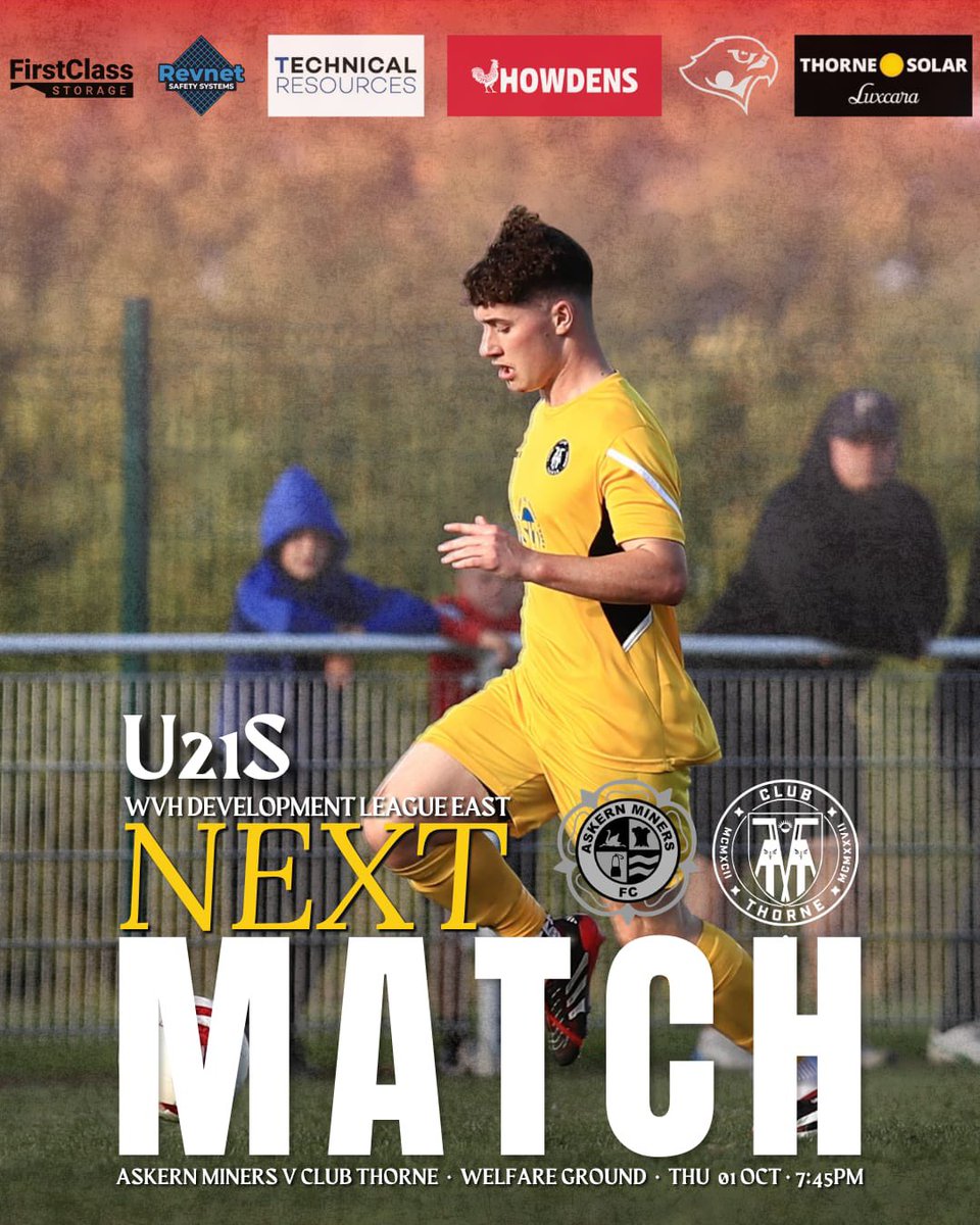 clubthornecoll's tweet photo. U21s Next Up…

Our U21s head to Askern this Thursday after last week’s home win v Harworth 🔵⚫️

🆚 Askern Miners U21s
📅 Thursday 17th September 2026
⏰ 7:45pm
📍The Welfare Ground, Green Lane, Askern, DN6 0PT

#upthecolliery | #u21s https://t.co/R8A5zQeIl6
