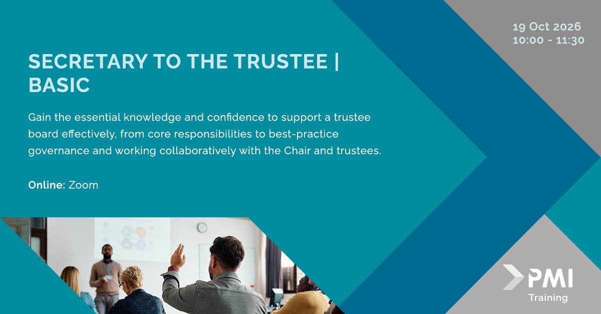 PMIPensions's tweet photo. New to the Secretary to the Trustee role? Build your governance knowledge and confidence with PMI’s Basic training, covering key responsibilities, meetings, risk, conflicts and working with trustees.

Book your place: https://t.co/f2JviHHjOC https://t.co/Vk3AmLwKIO