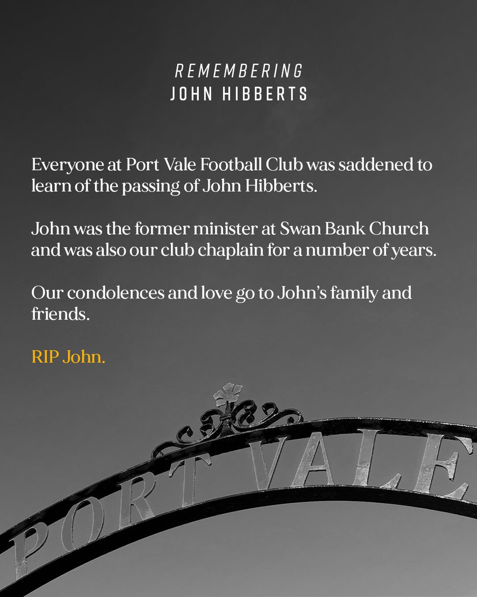 OfficialPVFC's tweet photo. Everyone at Port Vale Football Club was saddened to learn of the passing of John Hibberts.

John was the former minister at Swan Bank Church and was also our club chaplain for a number of years.

Our condolences and love go to John’s family and friends. 

RIP John. https://t.co/KSlQMvxExi