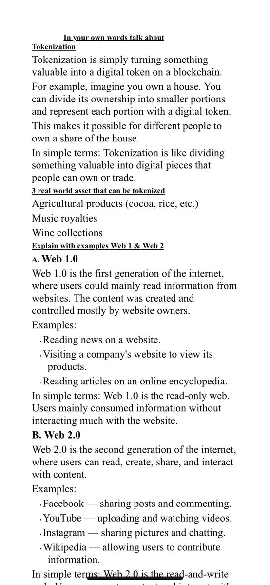 Favourekene9's tweet photo. 1. In your own words talk about 
A. tokenization 
B. 3 real world asset that can be tokenized 

2. Explain with examples
A. Web 1
B. Web 2 

3. Give 5 big NFTs that were the talk of the town during the NFT era

4. Create a meta mask wallet address #cryptowithshola https://t.co/Re1nZBjYIV