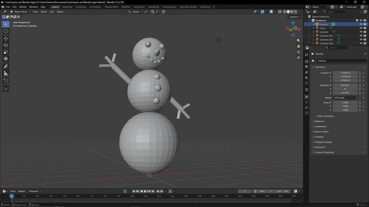 LewdSheepish's tweet photo. I have made a (very rough and simple) snowman in Blender! :3

It's not much at the moment, but hey, it's a step for eventually making my own 3D sheep model one day, so I am proud of it and the progress! :D <3 https://t.co/oLNqoC998w