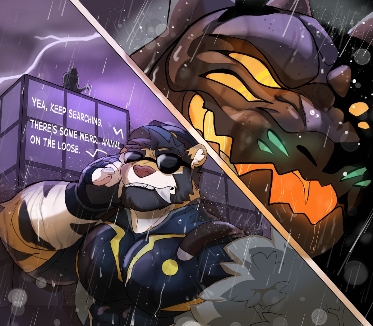 sleeping_saber's tweet photo. Above the city a strange creature looms looking for unsuspecting prey to enact his plan. Unfortunately, the chief is the most desired candidate for just that

Art by @HiggsFig https://t.co/MQsJuK89Rm