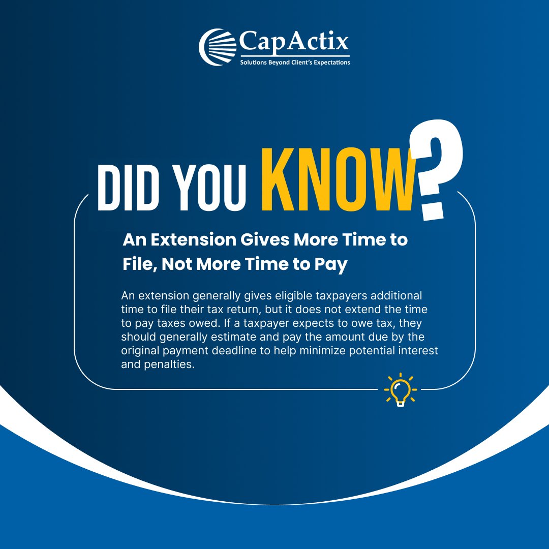 CapActix's tweet photo. Tax extension โ payment extension. ๐งพ
An extension gives you more time to fileโnot more time to pay. If you owe taxes, paying by the original deadline can help reduce interest and penalties.
Need tax support? Connect with CapActix.
#CapActix #TaxExtension #TaxFiling #TaxTips https://t.co/sqhwNpS36c