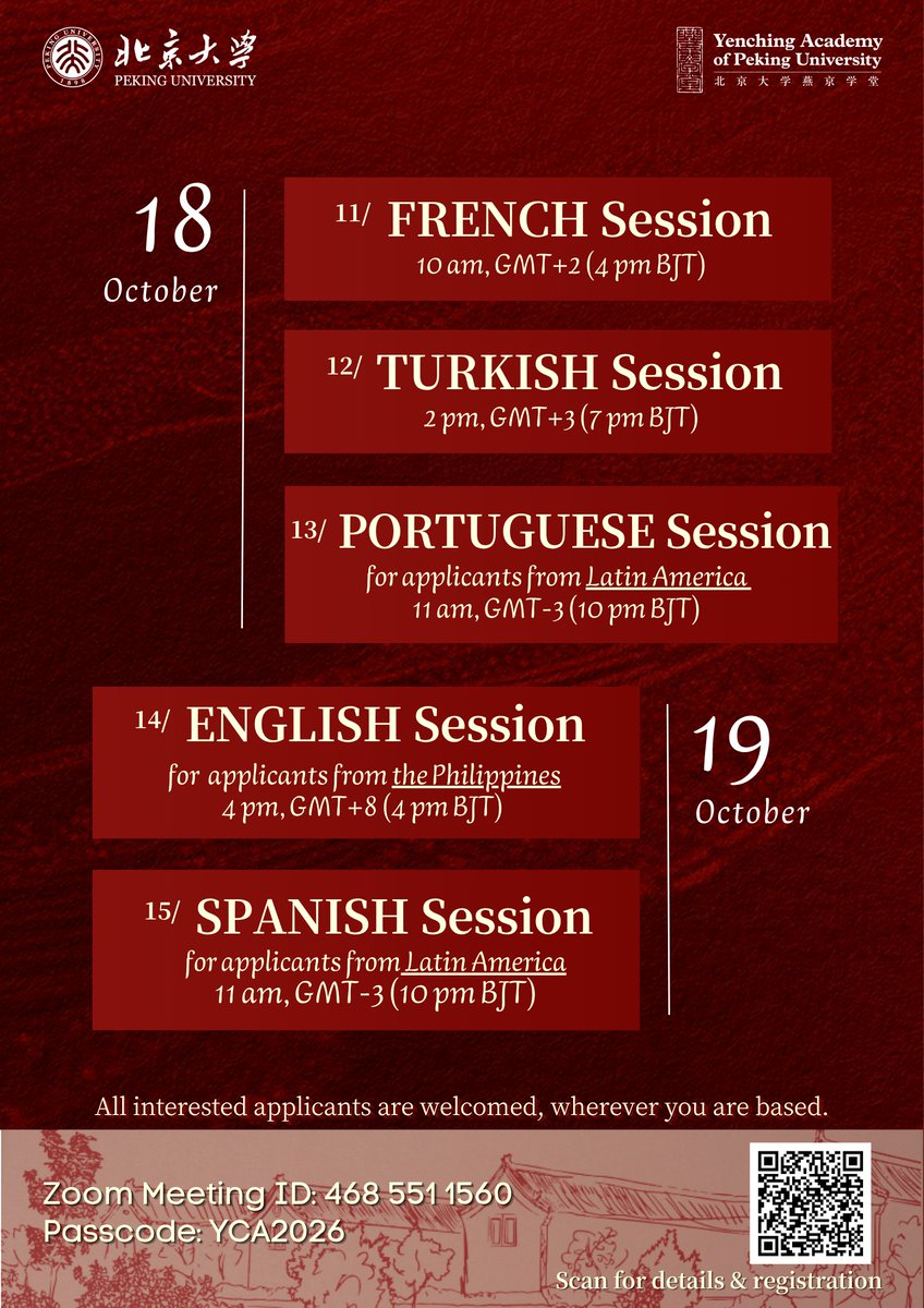 PKUYCA's tweet photo. Thinking about applying to #YenchingAcademy's #MasterProgram in #ChinaStudies? This October, we're hosting a full round of #InfomationSessions led by current students and alumni — hear it straight from the people who've been there!
【What we'll cover】How to apply, what the program is like, and what it's really like to study and live at #PekingUniversity. Students and alumni will answer your questions.
【When】15 sessions scheduled from October 10–19, covering North America, the UK, Africa, Singapore, South Asia, the Philippines, Latin America, Hong Kong SAR and more — with sessions in English, Korean, Japanese, French, Turkish, Portuguese and Spanish.
【How to join】Most sessions are online (via Zoom), so you can join from wherever you are in the world. There will also be an on-campus session at Peking University on October 12 (with an online option available) and one at the University of Hong Kong on October 13.
【How to register】Scan the QR code on the official poster or register on our event page.
For online sessions: #Zoom Meeting ID: 468 551 1560, Passcode: YCA2026.
Find more details here: https://t.co/TMbEY30EbF
About the program: Founded in 2014, Yenching Academy offers a Master's degree in China Studies with six different concentrations in the humanities. It has admitted 12 cohorts and 1,292 students from 91 countries and regions and 439 universities, with partnerships with 117 universities in 32 countries.