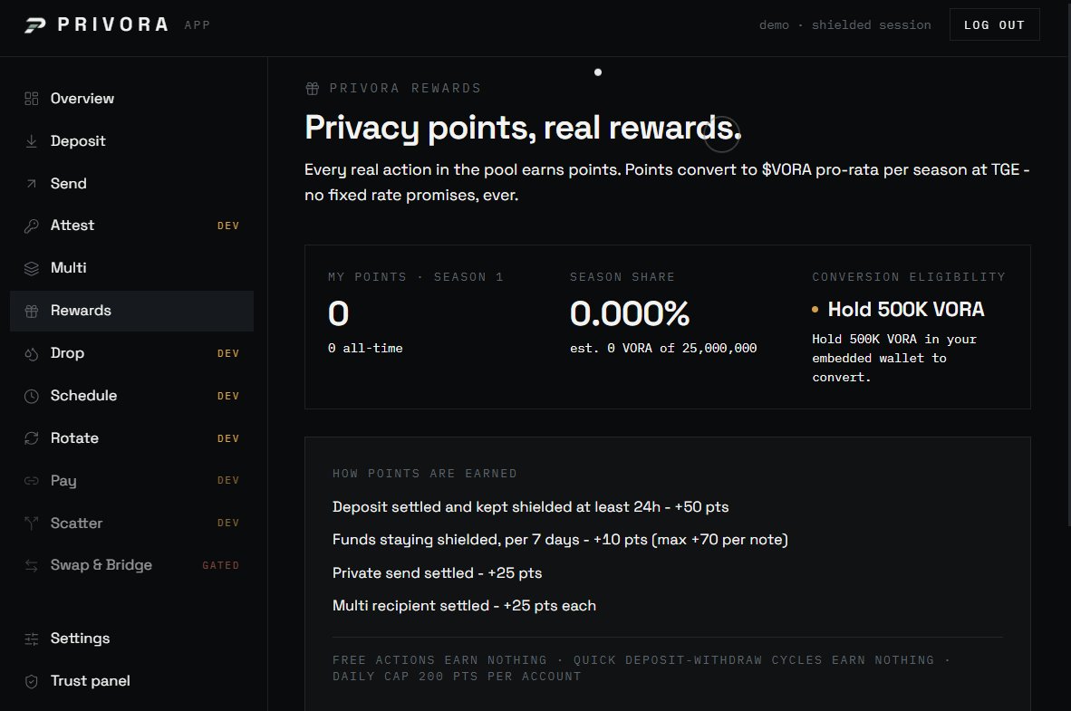 privoracash's tweet photo. Privacy has always been a public good that nobody paid to protect. That changes today.

We are launching Privacy Points, a loyalty system built directly into PRIVORA's core protocol. Every meaningful action you take inside the pool now earns points automatically: completing a deposit and keeping it shielded, sending privately, or running a Multi batch distribution. Points are computed from real, verifiable on-chain activity - not sign-ups, not clicks, not engagement farming. Free actions earn nothing. Quick deposit-withdraw cycles earn nothing. Only genuine, sustained use of private infrastructure counts.

Season 1 is live now. When $VORA converts, rewards are distributed: your share of the season's point pool determines your share of the allocation. No fixed rates, no promised multiples, no artificial hype. Just an honest ledger of who actually used the protocol and for how long. All conversion-eligibility is tied to the hold-gate, so the system rewards committed users rather than mercenary volume.

Alongside Points, the $VORA hold-gate is now active Holding 500K $VORA in your PRIVORA embedded wallet unlocks every premium feature - Multi today, more at each phase. This is a hold-gate, not a payment: your tokens never leave your wallet, never require an approval, and can be withdrawn at any moment. Deposit and Send remain free for everyone, forever. Privacy should not be a luxury; premium convenience simply asks for skin in the game.

Official $VORA contract: 0x1a8733d45b32adc02c740d4e6d95f8d67dbc2f2d
Verify it only inside the app. Keys never leave your device. No seed phrase. No wallet connect.

https://t.co/4wFHqs8CO3
