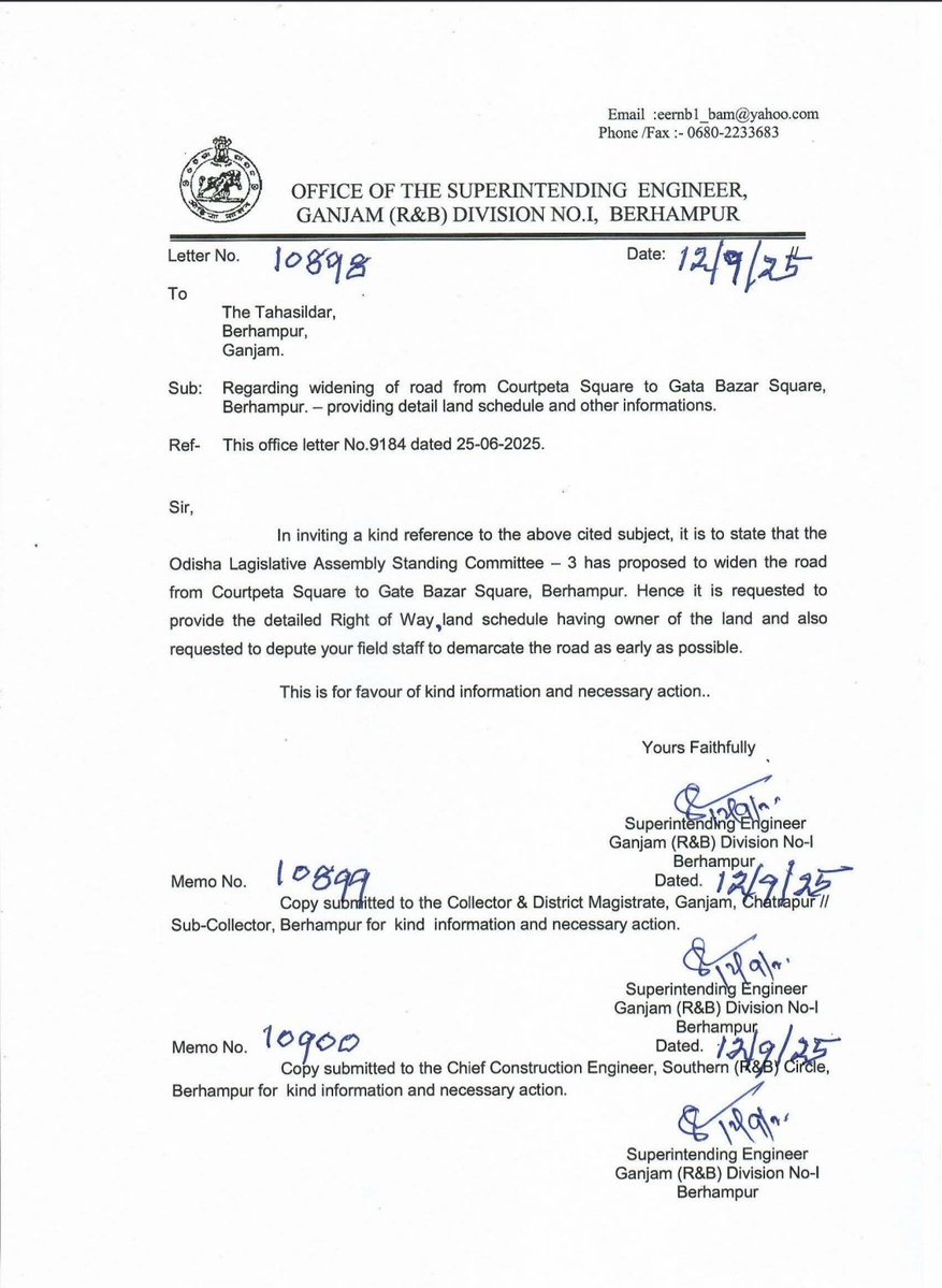 jagdishsahu9784's tweet photo. Hope @tdr_Berhampur has submitted the details to the concerned office

One(1) year since this letter issued.
Hopefully, Demarcation of land is done

@PWD_Odisha Kindly update on same

Courtpeta-GateBazar road widening is badly need

@Ganjam_Admin 
@RdcsdBerhampur 
@drpkpanigrahy https://t.co/coGc8SL7TD