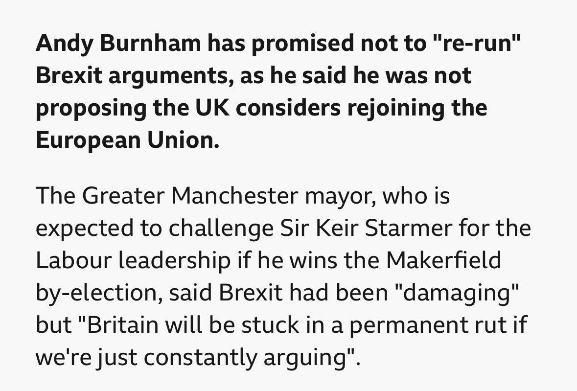 SirSimonClarke's tweet photo. This was Burnham’s “promise” not to reopen Brexit on 18 May 2026.

Why?  Because he had to win the Makerfield by-election, where two-thirds of his constituents voted to leave.

Utterly shameless and wrong.

BBC report here: https://t.co/CQdT9FrfPq https://t.co/tfd1KlR8GL