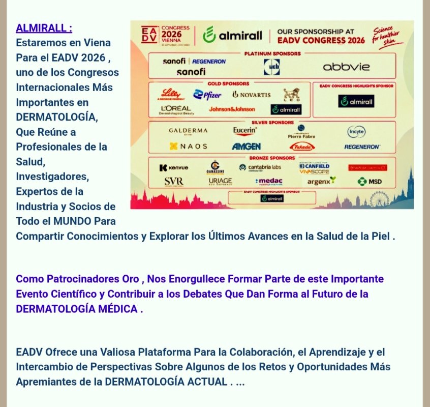 pharma_jonpi's tweet photo. ALMIRALL, Protagonista en el #EADV26 de Vienna ( 30 Sep-3 Oct )
Presentará Sus Últimos Avances en DERMATOLOGÍA Como Sponsor Gold
MORNINGSTAR Ve Sus Acciones Infravaloradas un 7%
@BSC_CNS
@EMA_News #WINLEVI @FinancialTimes #Ibex @nasdaq #EBGLYSS #KLISYRI
https://t.co/NuKQ3253Lo https://t.co/dTpCFsPv3h