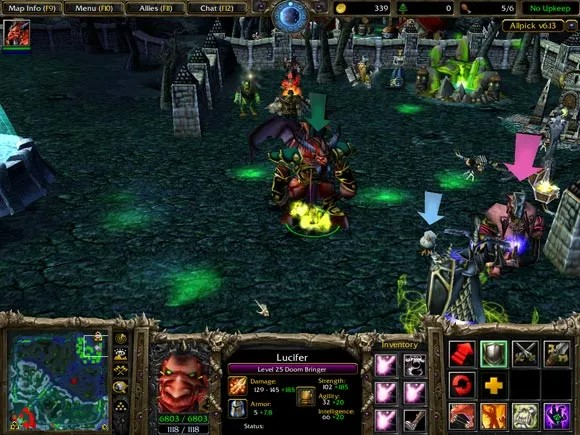 A screenshot from a Warcraft III-style strategy game showing a hero unit named 'Lucifer, Level 25 Doom Bringer' with stats including Armor 5+28 and Damage 32-36; UI elements show 'Map Info (F9)', 'Menu (F10)', and minimap on the bottom left.