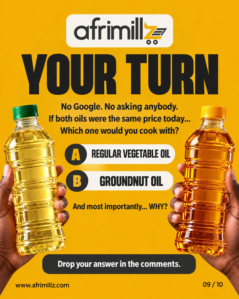 afrimillz's tweet photo. If both cost the same today, which are you taking home?

A — Regular vegetable oil
B — Groundnut oil

Drop A or B and your WHY in the comments. “Everybody uses it” needs a little more explanation 😂👇🏾

#Afrimillz #KnowYourFood #GroundnutOil #VegetableOil #NigerianFood https://t.co/EJO6DYngJ7