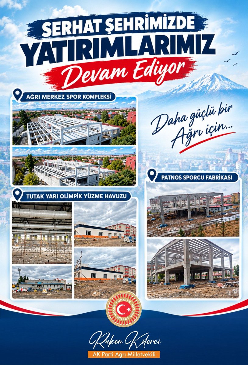 Ruken_Kilerci's tweet photo. Serhat şehrimiz Ağrı’da Gençlik ve Spor Bakanlığı yatırımlarımız devam ediyor.

Ağrı Merkez Spor Kompleksi, Tutak Yarı Olimpik Yüzme Havuzu ve Patnos Sporcu Fabrikası’ndaki çalışmalar sürdürülüyor.

Gençlerimizin sporla buluşmasına katkı sağlayacak bu projelerin tamamlanmasıyla şehrimizdeki spor altyapısının güçlendirilmesi hedefleniyor.

Ağrı’mız için çalışmalarımız devam ediyor.

@RTErdogan @OA_BAK @Dtilhamiyildiz @akpartiagrii @GSB_Agri