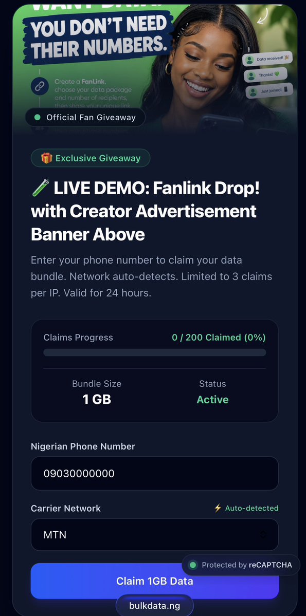 okwudilionyido's tweet photo. Running a giveaway, community reward, or corporate promo? 🎁

@BulkData_ng 
We built a next-gen data drop &amp; engagement link platform for influencers, HR teams, brands, and communities. 

Anti-spam limits.
Test live 24-hr demo link: 

https://t.co/rpUWcYqshO https://t.co/vK2ELgQtWc