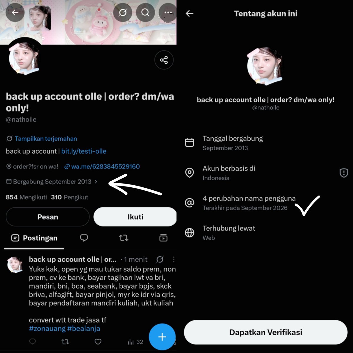 dayzevi's tweet photo. buat tau ba penipu itu gampang. syaratnya cuma GAK MALES CEK &amp; gak ngutamain "paling murah".

1. cek terakhir ganti username.
2. cek daftar yang menyertakan.
3. cek tampilan wa.
4. cek gtc pasti nomor kosong/baru. 

5 menit buat cek gak bikin duit kalian ilang sia-sia, hati2 yaa. https://t.co/lVbLPTOlKO