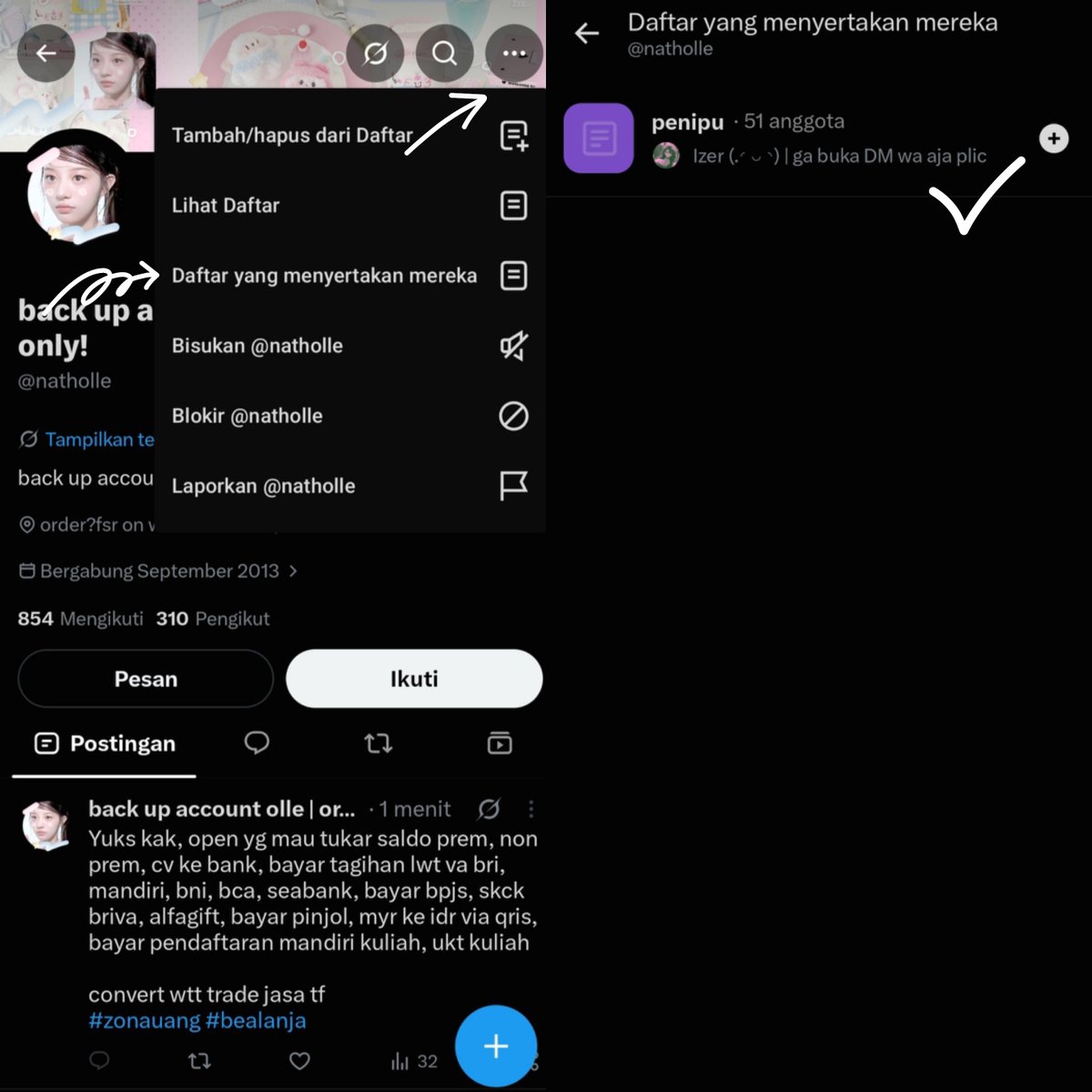 dayzevi's tweet photo. buat tau ba penipu itu gampang. syaratnya cuma GAK MALES CEK &amp; gak ngutamain "paling murah".

1. cek terakhir ganti username.
2. cek daftar yang menyertakan.
3. cek tampilan wa.
4. cek gtc pasti nomor kosong/baru. 

5 menit buat cek gak bikin duit kalian ilang sia-sia, hati2 yaa. https://t.co/lVbLPTOlKO