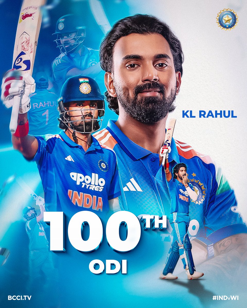 BCCI's tweet photo. 𝘼 𝙎𝙥𝙚𝙘𝙞𝙖𝙡 𝘾𝙚𝙣𝙩𝙪𝙧𝙮 💯

Vice-captain KL Rahul unlocks a monumental landmark as he gears up to play his 1⃣0⃣0⃣th ODI in #TeamIndia colours 👏👏

Updates ▶️ https://t.co/6XCYRtZLAi

#INDvWI | @mflone_ | @klrahul https://t.co/qLxiebm9KO