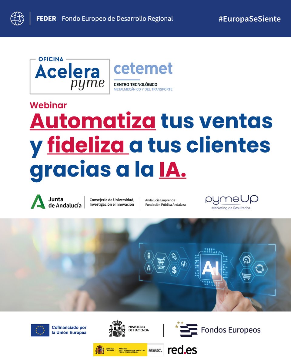 cetemet's tweet photo. ¿Y si pudieras dedicar menos tiempo a tareas repetitivas y más a tus clientes? El 6/10, nuestra @Acelerapyme Jaén celebra con Pyme UP un webinar sobre IA y automatización aplicada a ventas y fidelización.
🕙 10:00 h | 💻 Online
👉 Inscripción: https://t.co/RELxD7enRt
#CETEMET https://t.co/vOqb7kOmDP