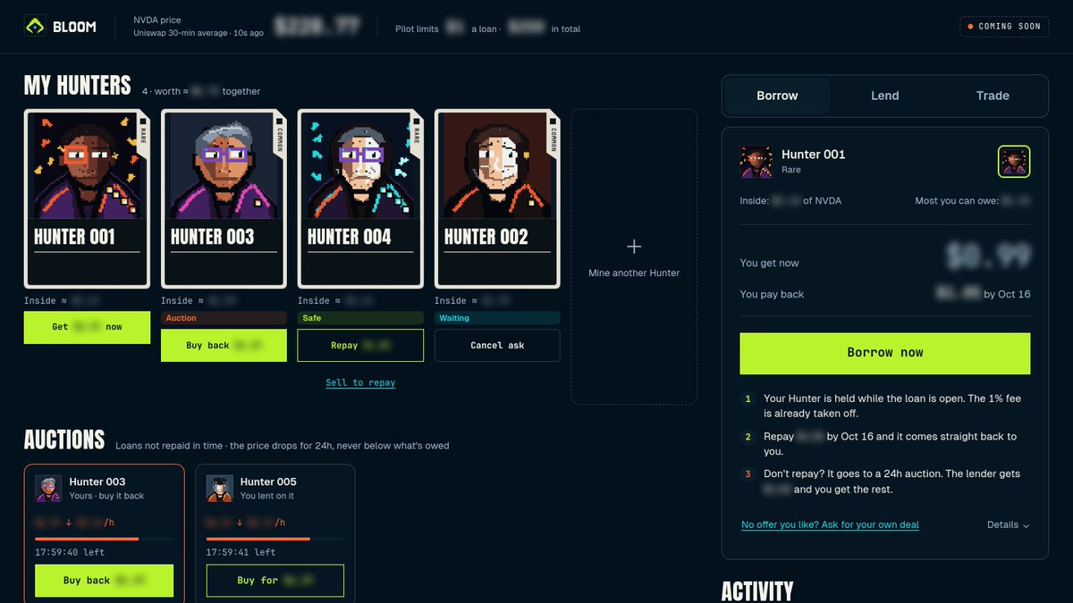 Proof_Hunter's tweet photo. Bloom is coming soon 🌸

Borrow against your Hunter NFT without selling it.

• See what's inside your Hunter NFT and how much it can borrow
• Get USDG now. Repay on time and your Hunter NFT comes straight back
• Take a lender's offer, or ask for your own terms

https://t.co/DPsFUu0yXh