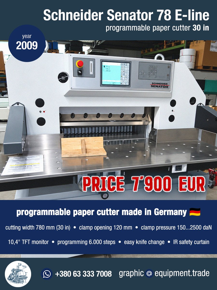 graphicequipmen's tweet photo. Schneider Senator 78 E-line (year 2009)

High-speed paper cutter Senator 78 E-Line with mechanical knife drive and hydraulic clamp. Stainless steel airfilm side tables make working with the E-Line a breeze

📲+380 63 333 7008 WhatsApp
📧 graphic@equipment.trade

#SchneiderSenator https://t.co/4NvysIKcgd
