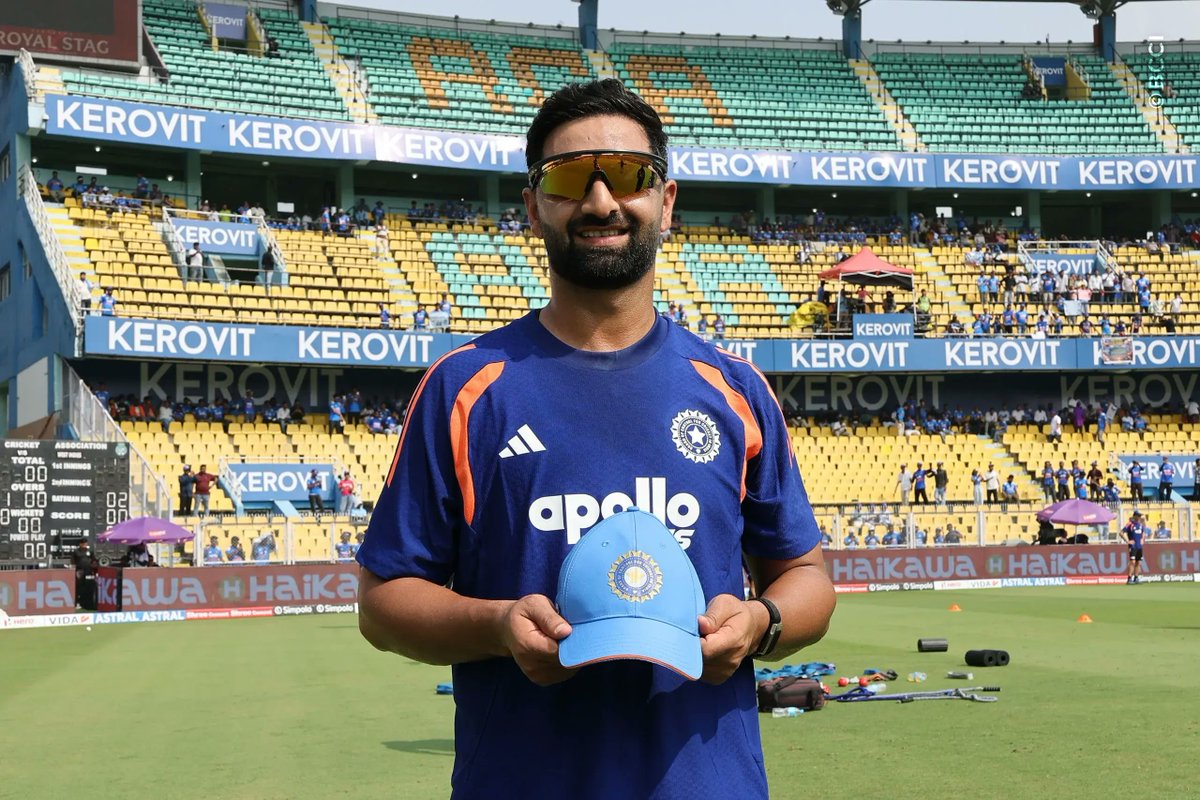 tryb_all's tweet photo. 🧢 From Sheeri, Kashmir to India's No. 8 in Guwahati 🇮🇳

Auqib Nabi makes his international debut today, and he's earned it 👏

🔥 60 wickets at 12.65 in the 2025-26 Ranji Trophy, Player of the Tournament
🏆 Led J&K to their first-ever Ranji Trophy title
⚡ 4 wickets in 4 balls in the Duleep Trophy
💰 Signed by Delhi Capitals for ₹8.40 crore
📞 Called up to the Test squad for the Sri Lanka tour, but didn't get a game. Today the wait ends.
What a journey. Go well, Auqib! 🙌
#AuqibNabi #INDvWI #TeamIndia #JammuAndKashmir

Photo Courtesy - BCCI