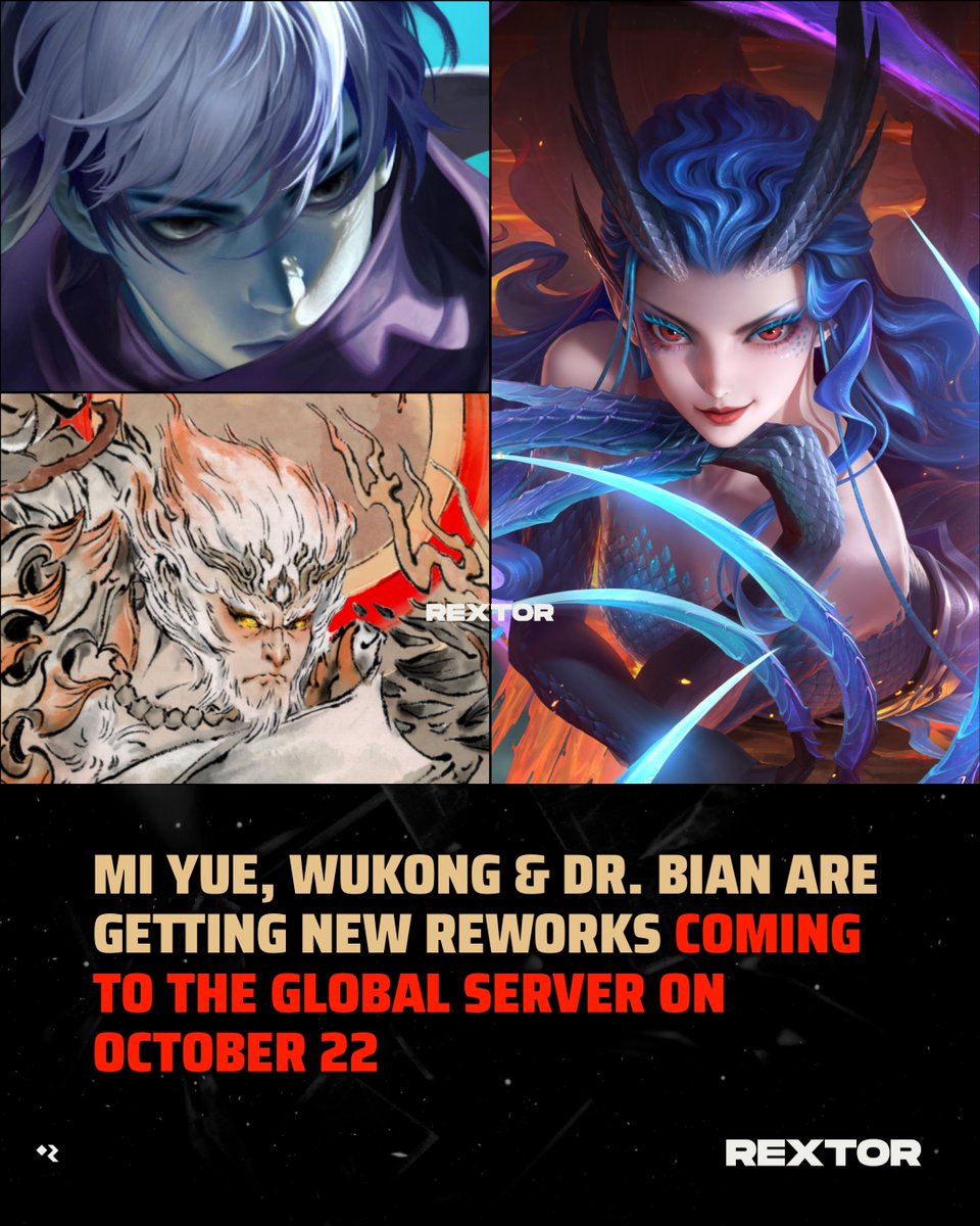 rextorext's tweet photo. Three heroes are getting gameplay upgrades mid-season! Mi Yue, Wukong, and Dr. Bian will receive their latest changes in the upcoming update ⚔️

#HonorofKings #HoK #Rextor #HoKGlobal https://t.co/GkerEmm8Ae