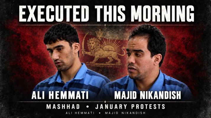 ChrissieRuane's tweet photo. 🚨Ali Hemmati and Majid Nikandish have been executed this morning.🚨
The Islamic Republic’s evil Regime murdered these 2 beautiful Iranians by hanging.
Their crime: Innocent protests In the January-uprising. Don’t let this regime take another life.

#EndTheIslamicRepublic https://t.co/ZtLswuLEv7