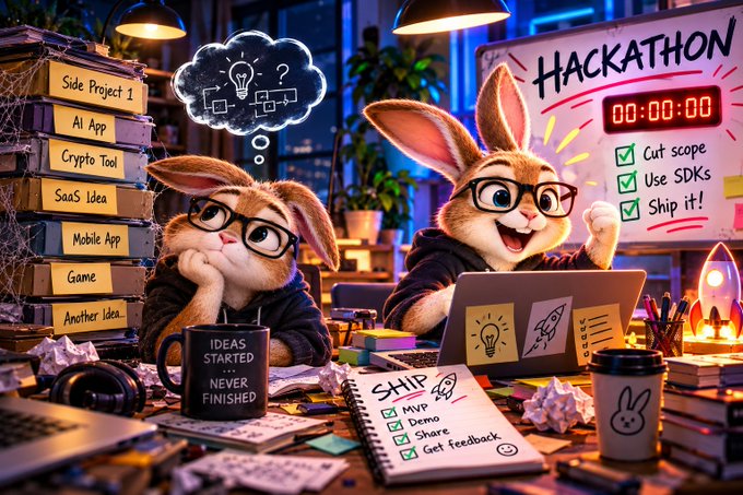 An illustrated scene of two cartoon rabbits with glasses working at a desk during a 'HACKATHON' with a 00:00:00 timer, surrounded by stacked folders labeled 'Side Project 1', 'AI App', 'Crypto Tool', 'SaaS Idea', 'Mobile App', 'Game', 'Another Idea', and mugs reading 'IDEAS STARTED NEVER FINISHED'.