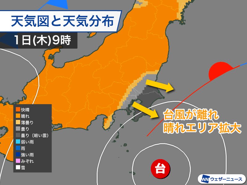 wni_jp's tweet photo. ＜関東は久々の青空期待＞
10月スタートの明日1日(木)は関東の天気が回復に向かい、次第に晴れてきます。
久しぶりにしっかりと日差しが届いて、昼間は気温が上がりそうです。
https://t.co/MasgwDro78 https://t.co/IthT3vaoOf