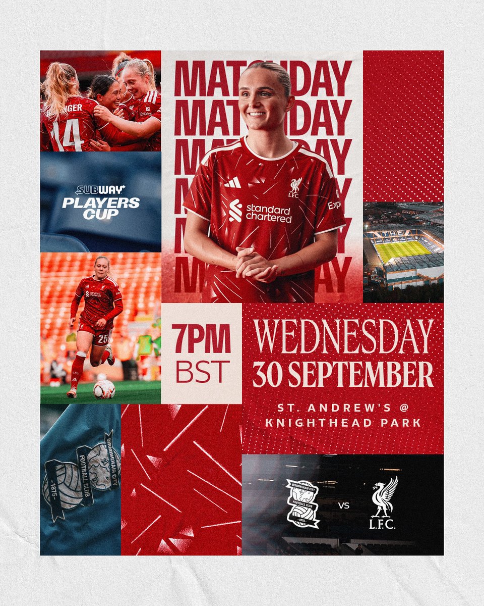 LiverpoolFCW's tweet photo. 🔴 MATCHDAY 🔴

We take on Birmingham City in the Subway Players Cup at St. Andrew’s 🏆 https://t.co/ZpfvceVxa5